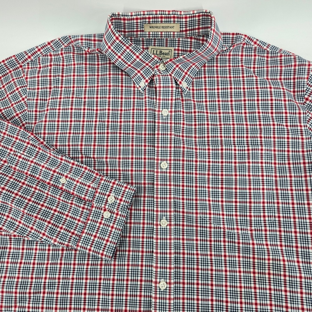LL Bean Mens Large Red White Blue Plaid Wrinkle Resistant Shirt 275578